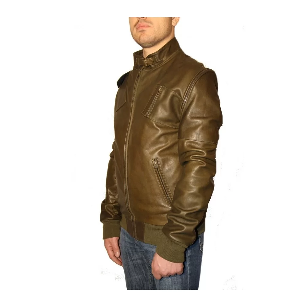 Blouson cuir homme vachette couleur kaki manches amovibles modèle Ivanoé