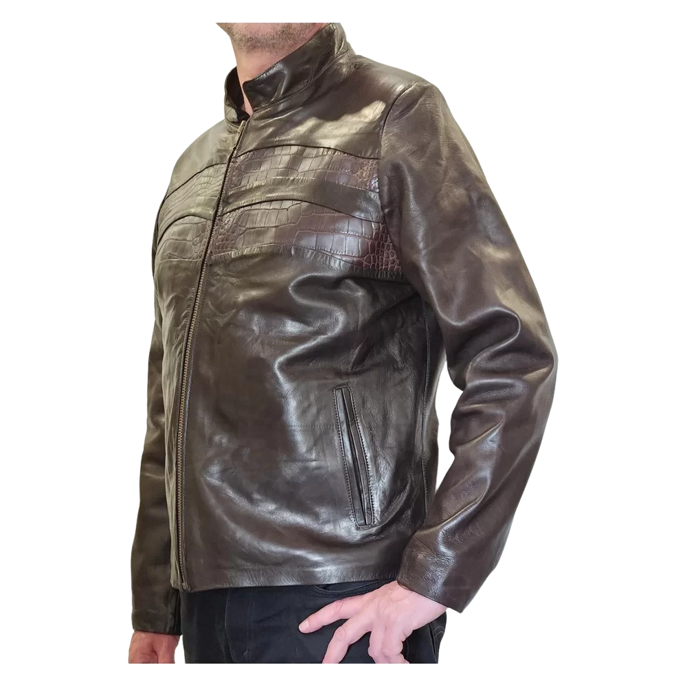 Blouson en vachette plongé marron et bandes en crocodile véritable modèle Rasta