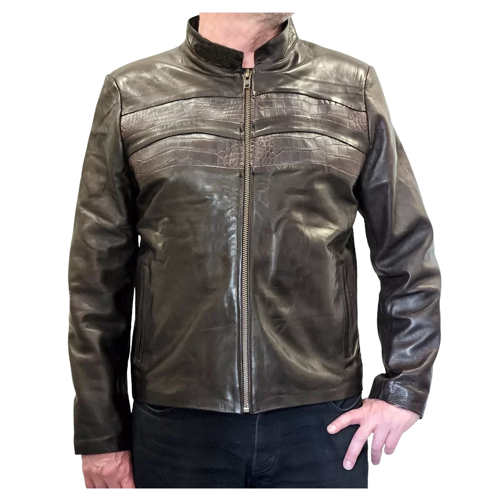 Blouson en vachette plongé marron et bandes en crocodile véritable modèle Rasta