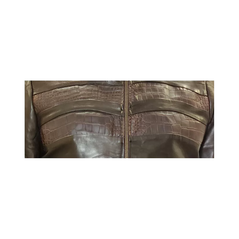 Blouson en vachette plongé marron et bandes en crocodile véritable modèle Rasta