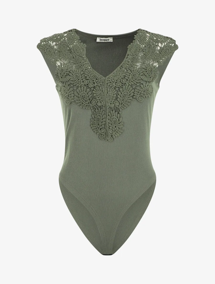 Body sans manches col V en dentelle - Kaki