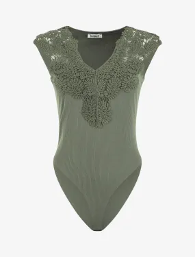 Body sans manches col V en dentelle - Kaki