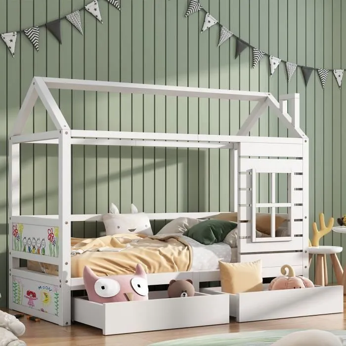 Lit cabane 90x200 cm avec 2 tiroirs - en forme de maison - en bois massif - Blanc