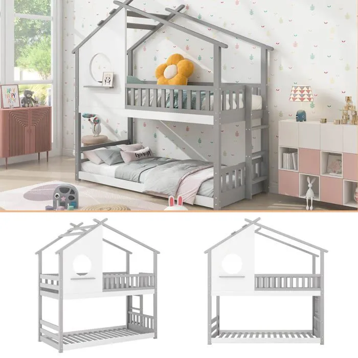 Lit Superposé 2 Places, Lit Cabane Enfant - Pin Massif - Antichute Sécurisant - 90x200 cm - Gris, Blanc