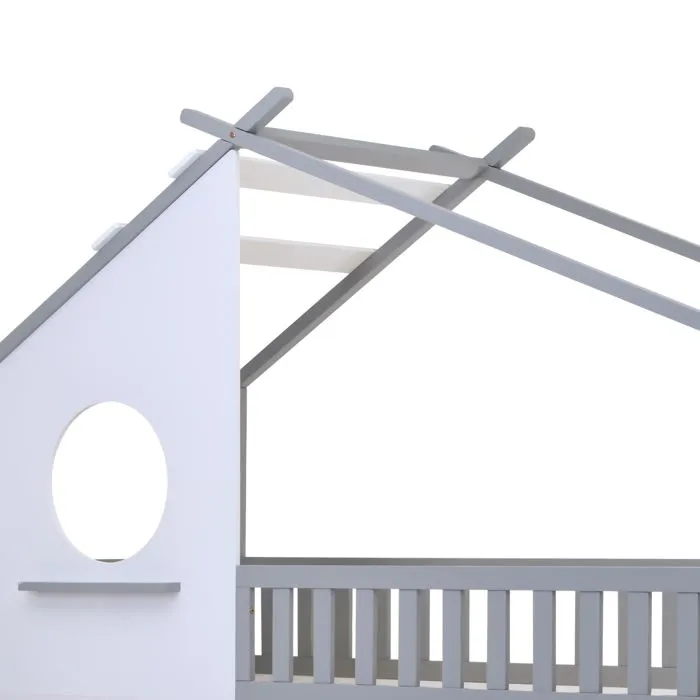 Lit Superposé 2 Places, Lit Cabane Enfant - Pin Massif - Antichute Sécurisant - 90x200 cm - Gris, Blanc