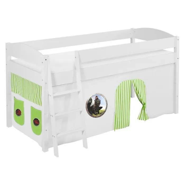 Lit surélevé ludique/évolutif IDA 4105 Dragons vert - avec rideaux - LILOKIDS - blanc laqué - Disney accessoires pour lit mezzan