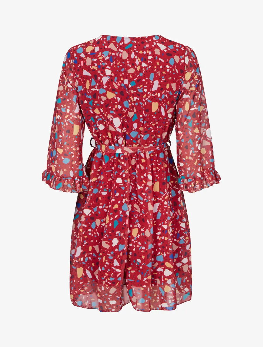 Robe cache-coeur à manches transparentes imprimé graphique - Rouge