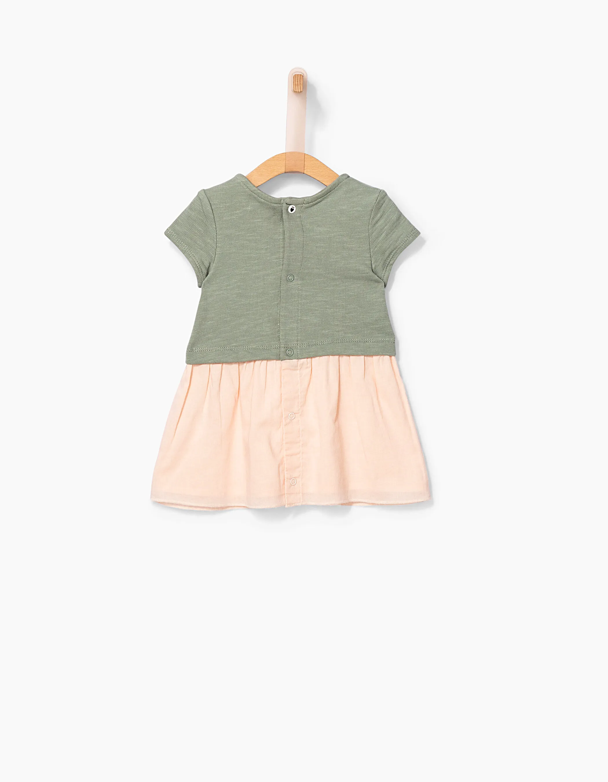 Robe kaki clair et rose poudré bi matière bébé fille 