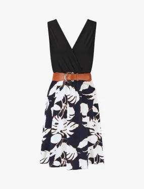 Robe mi-longue sans manches imprimé tropique - Marine