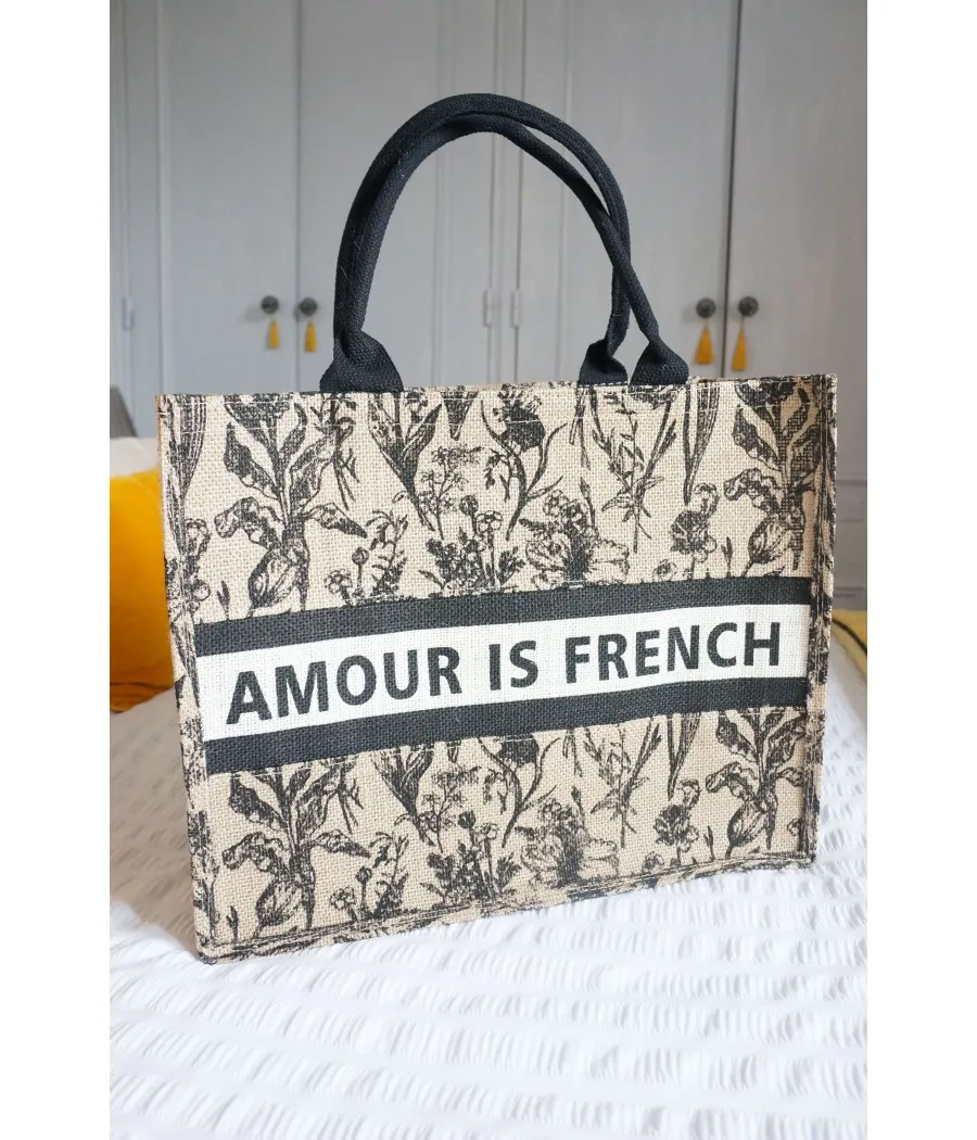 SANTAÏA grand cabas AMOUR IS FRENCH ville plage jute motif floral noir