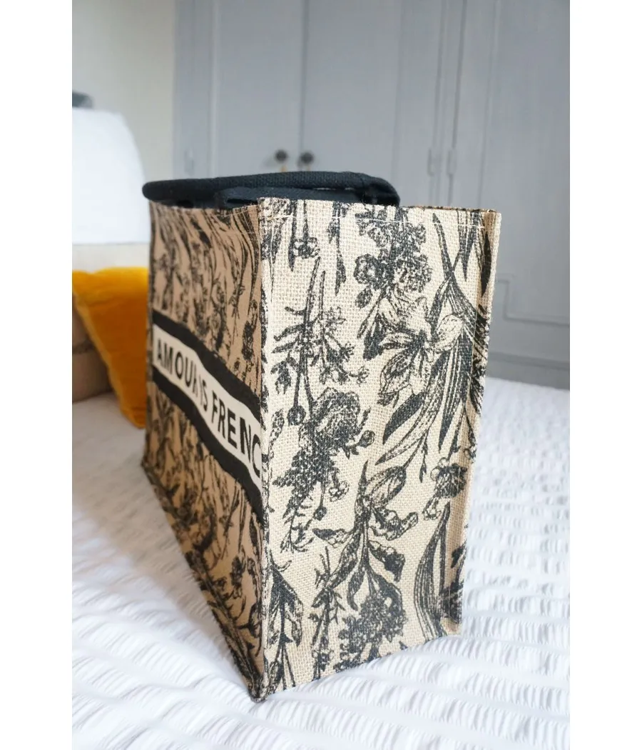 SANTAÏA grand cabas AMOUR IS FRENCH ville plage jute motif floral noir