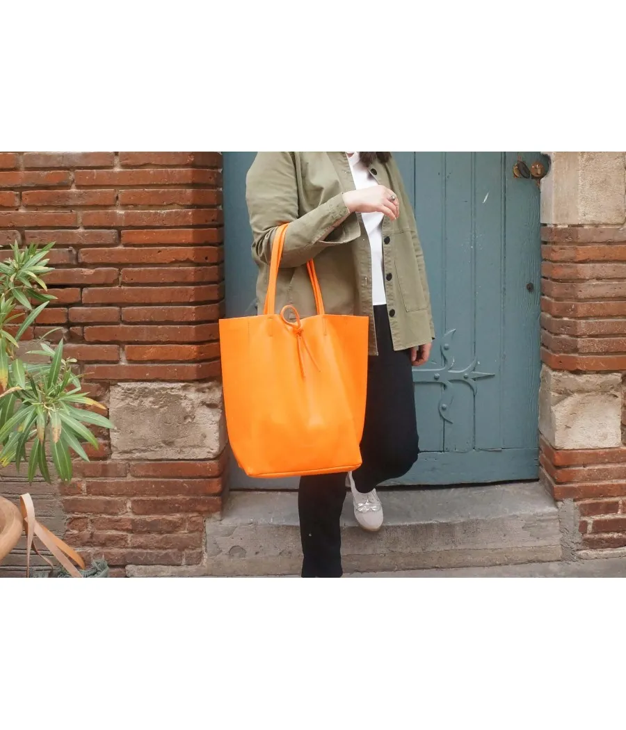 SANTAÏA Grand cabas cuir vachette véritable grainé orange vif Italie